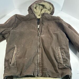 Lakin & McKey Mens Large Brown Workwear Jacket Hooded Full Zip Fleece Rugged
